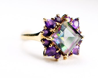Mystic Topaz Amethyst Halo Ring | 10k Yellow Gold | Vintage Fine Jewelry | RARE FIND | Estate Ring | Engagement Ring | Solid Gold | Size 7
