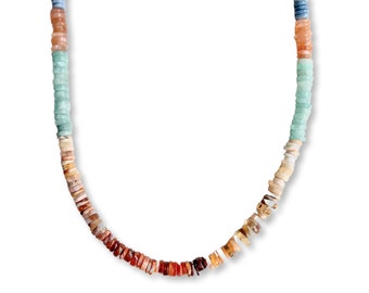 Peruvian Opal Necklace | 14k Solid Yellow Gold Estate Jewelry | Mixed Gemstone Bead Slices | Beaded Candy Layering Necklace | 90s Puka | 16"
