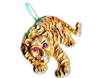 14K Gold Tiger Pendant | Diamond | Lucky Amulet | Vintage Estate Jewlery | 1970s Chinese Tiger | Ruby Eyes |