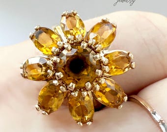 Vintage Citrine Sunflower Ring | Solid 14k Yellow Gold | Estate Jewelry  | 1960s Floral Flower Ring | Size 5.25 | RARE