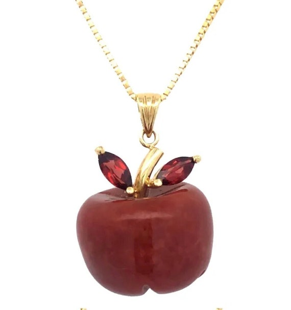 RARE 14k Red Jade Apple Pendan | 14k Yellow Gold C