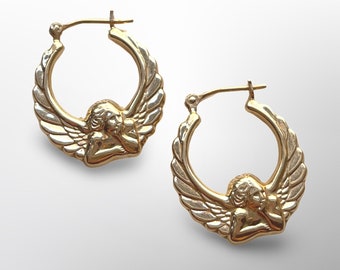 14k Gold Cherub Earrings | Puffy Angel Hoops | Vintage Estate Jewelry | Yellow Gold | Angel Wings |  90s Y2k 00s Style | Guardian Angel