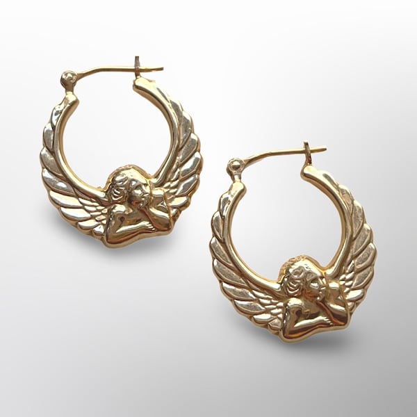 14k Gold Cherub Earrings | Puffy Angel Hoops | Vintage Estate Jewelry | Yellow Gold | Angel Wings |  90s Y2k 00s Style | Guardian Angel