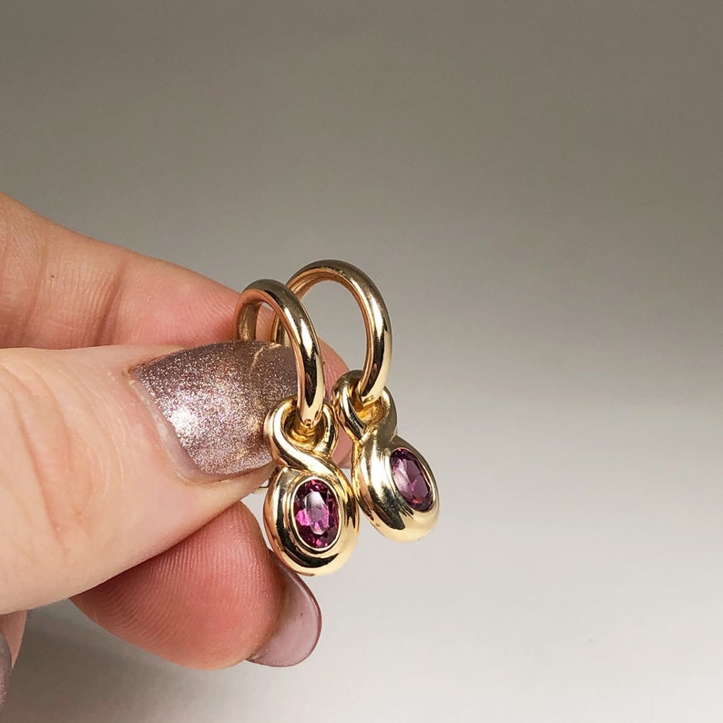 Rhodolite Hoop Charm Earrings // 14k Yellow Gold // Etsy