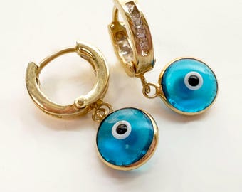Evil Eye Huggies | 10k Yellow Gold | 2000s  | Vintage Estate Hoop Earrings | Solid Gold Heirloom Jewelry