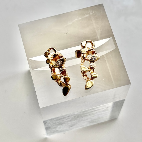 Modernist 14k Gold Nugget Studs | 14k Solid Yello… - image 1