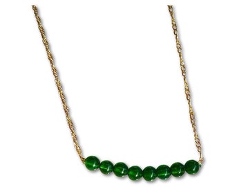 Delicate Jade Bead Bar Necklace | 14k Yellow Gold | Vintage Estate Jewelry | Green Nephrite Jade  | Dainity Layering Necklace | 17"