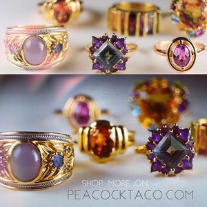 May include: A selection of gold rings with diverse gemstone settings. Rings showcase oval, square, and round gemstones in purple, orange, and blue hues. The rings have detailed gold designs. The text "SHOP MORE ON PEACOCKTACO.COM" is visible.