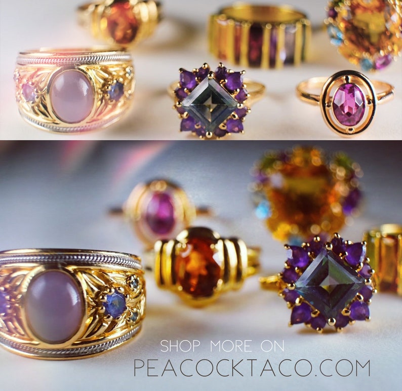 May include: A selection of gold rings with diverse gemstone settings. Rings showcase oval, square, and round gemstones in purple, orange, and blue hues. The rings have detailed gold designs. The text "SHOP MORE ON PEACOCKTACO.COM" is visible.