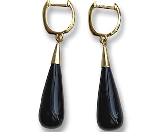 Black Onyx Drop Earrings | 14kt Yellow Gold Huggie Hoops | 1980 - 1990 Aesthetic | Solid Gold Estate Jewelry | Classic Sleek Timeless Style