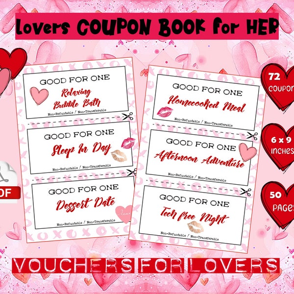 Love Coupons for HER - Digital SET Vouchers Book - Mom Girlfriend Wife Lovers -Romantic Anniversary Valentines Birthday Honeymoon Gift Cards