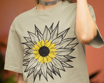 Oversized Sunflower Shirt - Faded Color Tee with Large Floral Design - Summer Vibes