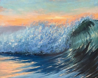 Tramonto, Arte delle onde dell'oceano, Pittura a olio del paesaggio marino, Dipinto originale, Arredamento per la casa, Opera d'arte unica nel suo genere, Paesaggio marino iperrealistico in olio