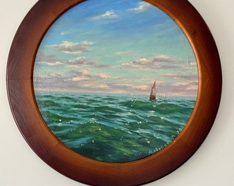 Paesaggio marino, paesaggio, arte marina, opere d'arte, acqua, nave, pittura a olio del paesaggio marino, decorazione della parete di casa, arte moderna, opera d'arte unica nel suo genere, regali d'arte