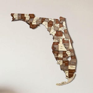 Op de afbeelding: Een houten wandkaart van de staat Florida, met een meerkleurig palet van donkerbruine, lichtbruine en crèmekleurige secties. De kaart is onderverdeeld in individuele provincies, elk gelabeld met de bijbehorende naam in zwarte tekst.