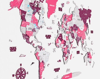 3D Wooden World Map for Wall Push Pin Travel Map Home Office Decor Housewarming Gift