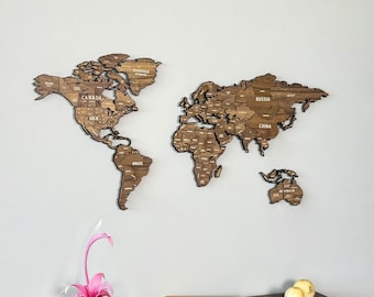 Wooden World Map Wall Art 3D Countries Travel Souvenir Wood on Metal Home Office Decor 5th Anniversary Gift