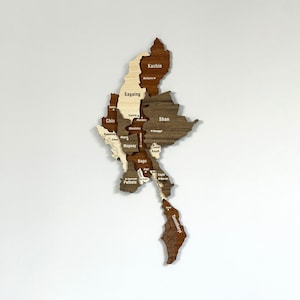 Carte du Myanmar en bois, décoration murale avec épingles, souvenir de voyage en Birmanie, décoration de bureau à domicile 3D, cadeau de 5e anniversaire