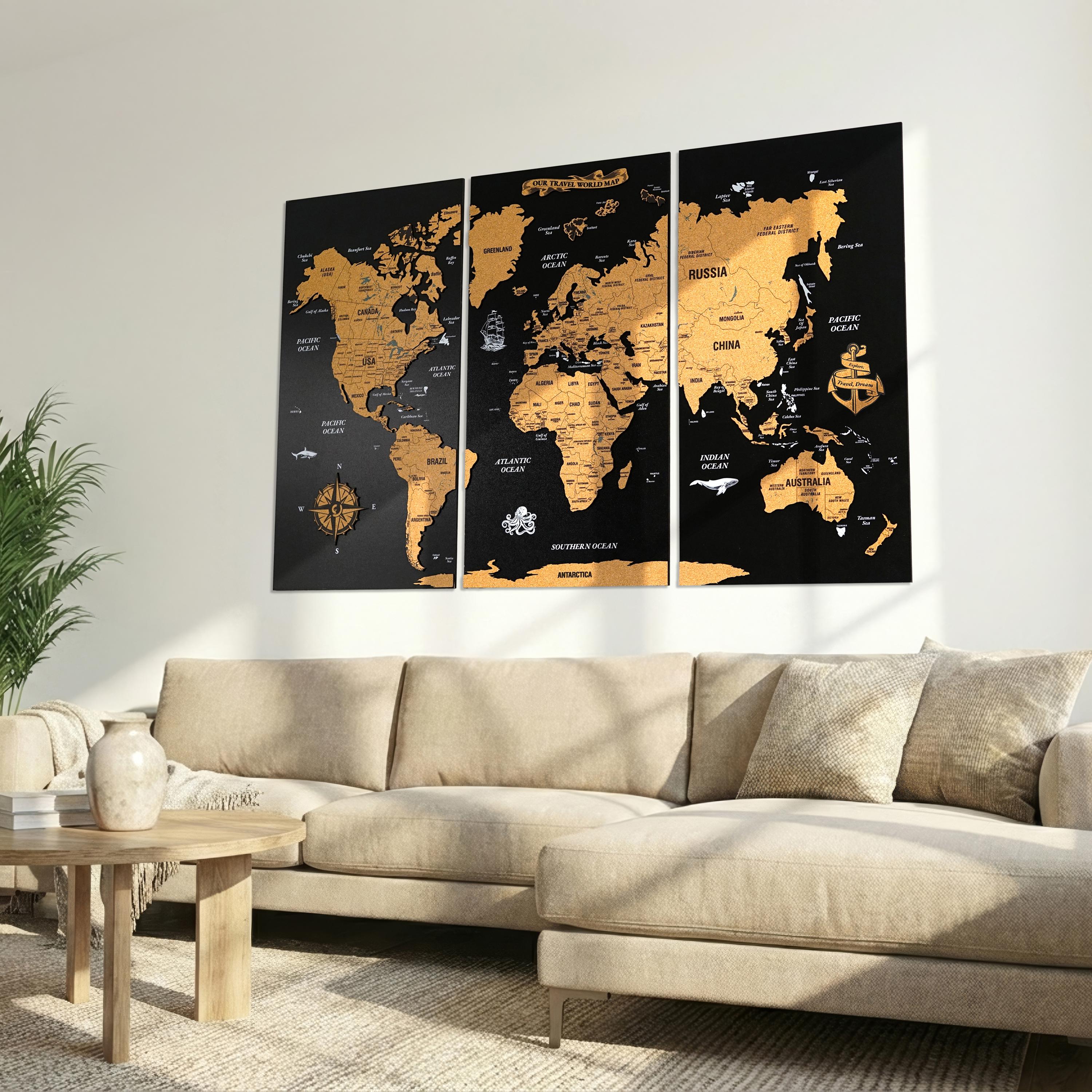 World Map Wall Art Push Pin Map Cork Board Travel Map Apartment Decor ...