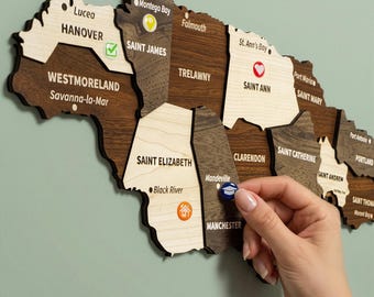 Väggkonst i trä med karta över Jamaica och nålar, Kingston resesouvenir, 3D-dekoration för hemmakontor, julklapp
