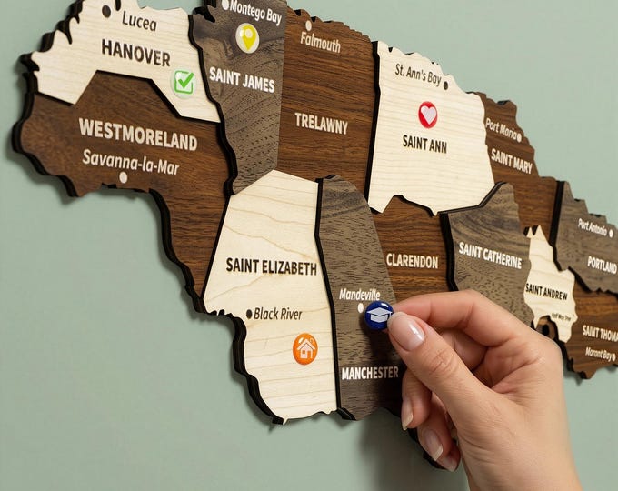 Wooden Jamaica Map Wall Art with Pins Kingston Travel Souvenir 3D Home Office Decor Christmas Gift