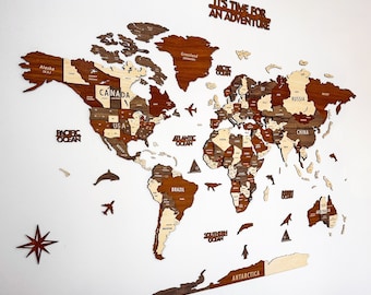 Wooden World Map For Wall Art with Pins Travel Gift with States and Capitals 5th Anniversary Gift