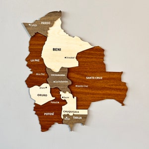 Décoration murale en bois de la carte de la Bolivie avec épingles Souvenir de voyage 3D de La Paz, décoration de bureau à domicile 3D, cadeau de Noël