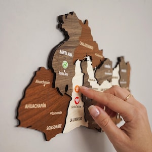 Wooden El Salvador Map Wall Art with Pins San Salvador Travel Souvenir 3D Home Office Decor 5th Anniversary Gift image 2