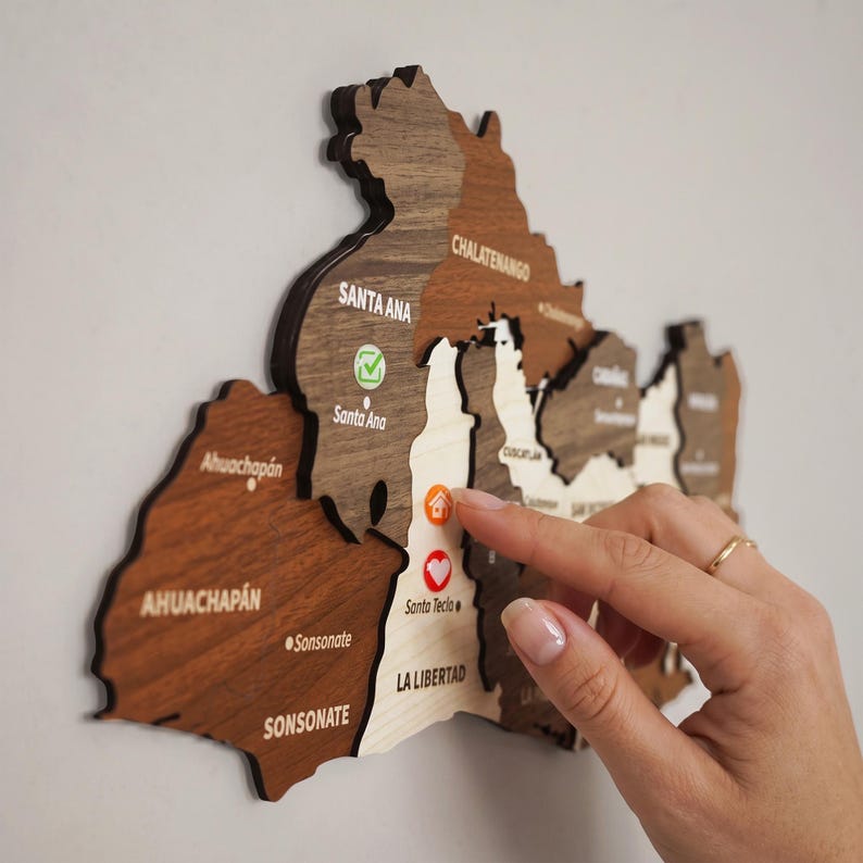 Wooden El Salvador Map Wall Art with Pins San Salvador Travel Souvenir 3D Home Office Decor 5th Anniversary Gift image 2