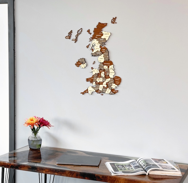 Väggkonst i trä med karta över Storbritannien och nålar, resesouvenir i Storbritannien, 3D-dekoration för hemmakontor, 5-årsjubileumspresent bild 6