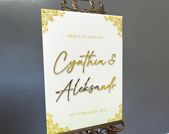 Letrero vertical de bienvenida para boda de acrílico con borde dorado floral, letrero de boda personalizado, letrero de compromiso, letrero de recepción, decoración de boda
