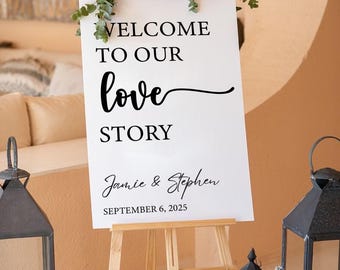 Bienvenido a nuestro letrero de historia de amor, letrero acrílico de boda personalizado, letrero de compromiso, letrero de recepción, letrero Nikkah, decoración de bodas