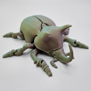 May include: A 3D printed model of a green and purple iridescent beetle with articulated legs. The beetle has a large horn on its head and a textured surface.