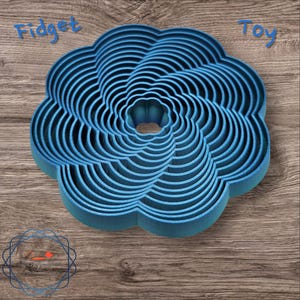 May include: A blue fidget toy shaped like a flower with multiple layers. The toy is made of plastic and has a smooth, glossy finish. The text "Fidget Toy" is written in black on a wooden background.