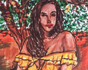 Yellow Dress, Watercolor Painting, 9x6, Fine Art, Original Art Painting, Figure Painting
