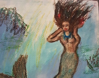 Mermaid, Watercolor and oil pastel Painting, 9x12", Fine Art, Original Art Painting, Figure Painting