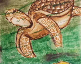 Turtle, Original Oil Watercolor painting, Art, Painting, Watercolor art, landscape painting