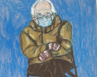 Bernie in Mittens, Watercolor Painting, 9x12", Fine Art, Water Color Paintings, Original Art Painting, Figure Painting