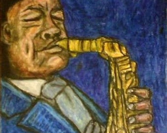 Blues Player, Oil Pastel, 9x12", Fine Art, Oil Pastel Painting, Fine Art, Painting, Drawings, Figure Painting, Music