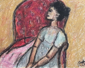 The Red Chair, oil pastel Painting, 9x6, Fine Art, Original Art Painting, Figure Painting