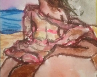 Beach Breeze, Watercolor Painting, 4" x 5", Fine Art, Water Color Paintings, Art Painting, Figure Painting