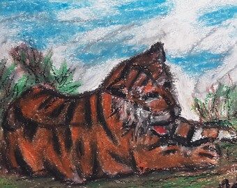 Tiger, Original Oil Pastel  drawing/painting, Art, Painting, oil pastels