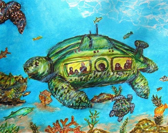 Turtle Submarine, Print of water color painting on canvas, Original Painting, Surreal Painting, Colorful Painting, Nature painting