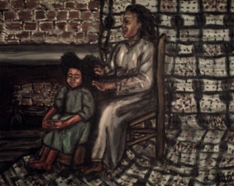 Hair Care, Print of an Original Oil Painting, folk art, Original Art, Black Art, African American Artist