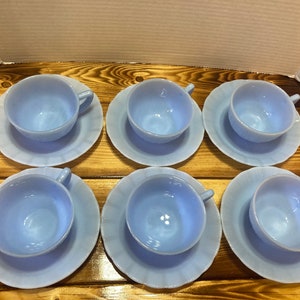 Vintage Pyrex, Milk Glass, Blue Delphite with Piecrust Pattern - Tea Cup and Saucer Sets