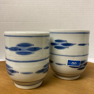 Beautiful Set of 2 Japanese Ceramic Cups - Blue and White Design