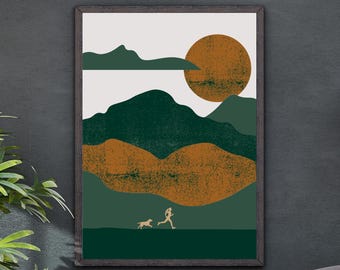 May include: Abstract art print featuring a stylized landscape with green and brown hills, a large orange sun, and a person and dog running in the foreground.