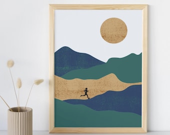May include: A framed print with a minimalist design featuring a silhouette of a person running through a landscape of blue and green hills with a gold sun in the sky.
