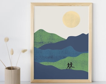 May include: A framed print of a minimalist landscape with green and blue mountains, a yellow sun, and two figures running in the foreground.