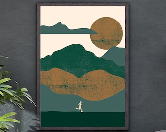 May include: Abstract art print featuring a stylized landscape with green and brown hills, a large orange sun, and a white silhouette of a person running.